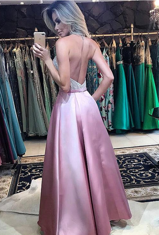 Fashion A Line Halter Long Backless Prom Dresses Evening Dress For Party With Pocket