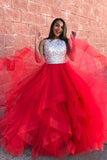 Open Back High Neck High Low Tiered Fluffy Skirt Red Prom Dresses Evening Dress