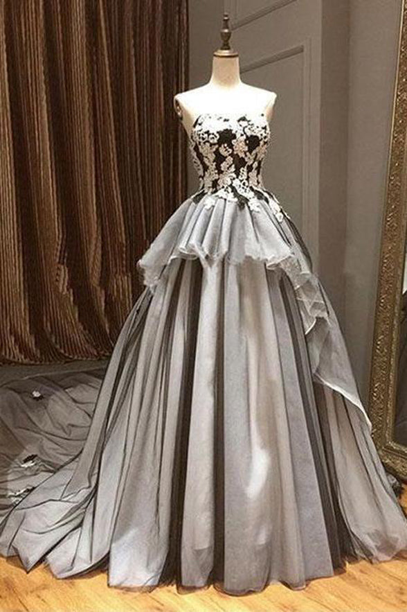 Strapless Black White Ball Gown Lace Appliques Chapel Train Prom Dress ...