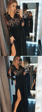 New Arrival Long Sleeves Black Lace V Neck Split Prom Dresses Evening Graduation Dress