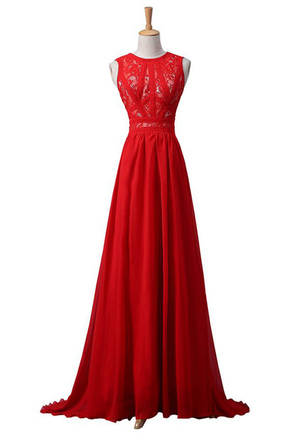 High Neck Red Chiffon Lace Elegant Long Evening Gowns Prom Dress