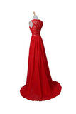 High Neck Red Chiffon Lace Elegant Long Evening Gowns Prom Dress