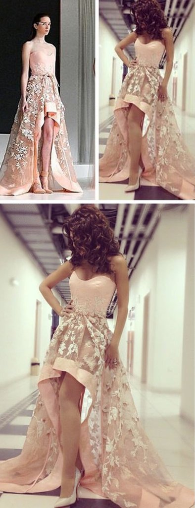 New Arrival Pink Lace Front Short Long Back Hi/Lo Prom Dresses Evening Graduation Dress