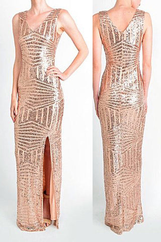 Chic Rose Gold Sequin Sheath V Neck Long Slit Prom Dresses Evening Formal Dress