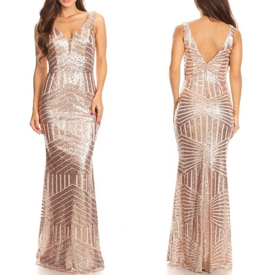 Fashion V Neck Rose Gold Sequin Mermaid Long Prom Dresses Evening Dress Gowns