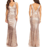Fashion V Neck Rose Gold Sequin Mermaid Long Prom Dresses Evening Dress Gowns
