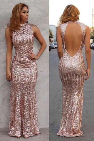 Shiny Open Back Rose Gold Sequin Mermaid Long Prom Dresses Evening Dress