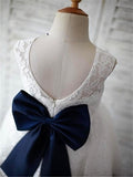 White Lace Navy Blue Saah Bow Flower Girl Dresses Cheap Kids Dress