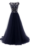 Crystal Back V Navy Blue Cap Sleeves Long Evening Gowns Prom Dresses