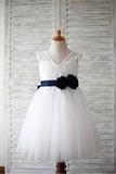Simple V Neck Ivory Lace Long Flower Girl Dresses With Navy Blue Sash Kids Gowns