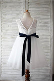Simple V Neck Ivory Lace Long Flower Girl Dresses With Navy Blue Sash Kids Gowns