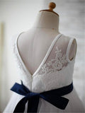 Simple V Neck Ivory Lace Long Flower Girl Dresses With Navy Blue Sash Kids Gowns