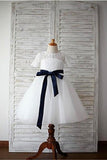 Half Sleeves Open Back Ivory Lace Flower Girl Dresses Kids Gowns With Sash