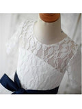 Half Sleeves Open Back Ivory Lace Flower Girl Dresses Kids Gowns With Sash