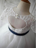 Half Sleeves Open Back Ivory Lace Flower Girl Dresses Kids Gowns With Sash