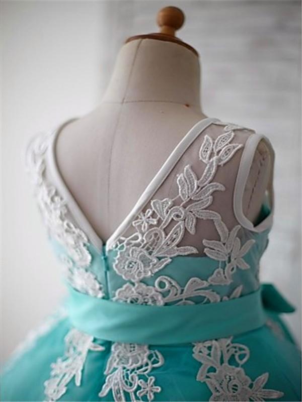 White Lace Mint Tulle Cute Dress Flower Girl Dresses Kids Gowns With Sash