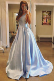 Elegant V Neck Open Back Light Blue Long Prom Dresses Evening Graduation Dress