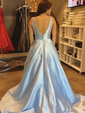Elegant V Neck Open Back Light Blue Long Prom Dresses Evening Graduation Dress