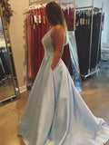 Elegant V Neck Open Back Light Blue Long Prom Dresses Evening Graduation Dress