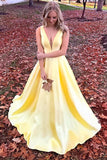 Elegant A Line V Neck Yellow Satin Cheap Wedding Prom Dress Formal Dresses Gowns