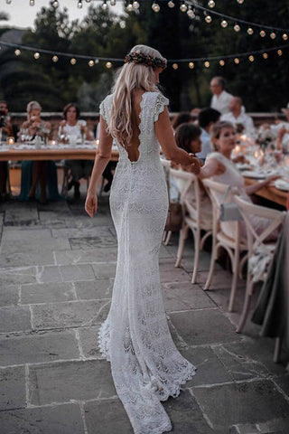Sexy Open Back Cap Sleeves Lace Mermaid Long Wedding Dresses Bridal Dress Gowns