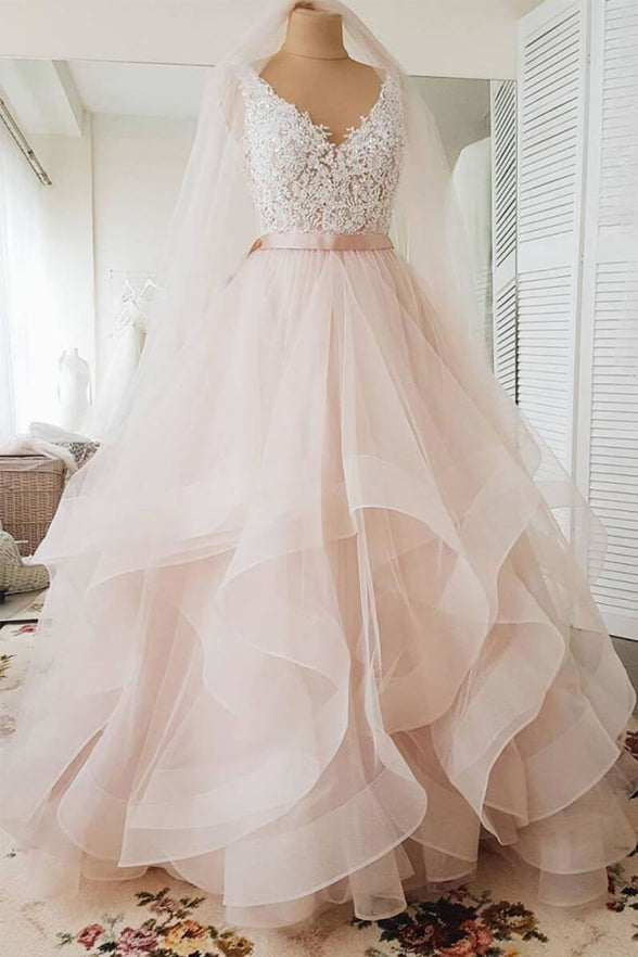 Ball Gown Light Pink Lace High Low Tiered Skirt Fluffy Wedding Prom Dresses Formal Dress