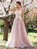 A Line White Lace Appliques Pink Tulle Floor Length Prom Dresses Evening Formal Dress