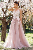 A Line White Lace Appliques Pink Tulle Floor Length Prom Dresses Evening Formal Dress