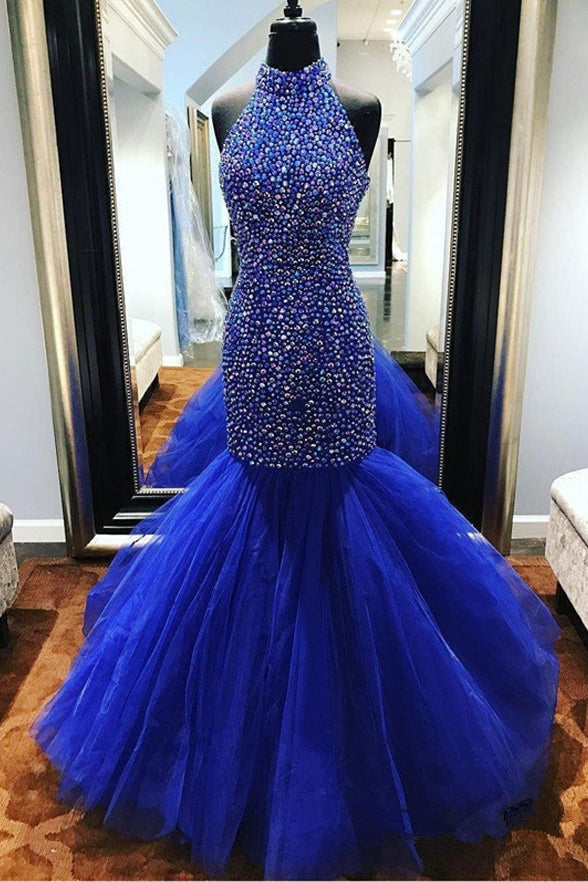 Shiny High Neck Backless Mermaid Royal Blue Beaded Prom Dresses Evening Formal Dress