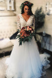 A line Princess Long Sleeves Lace V Neck Elegant Wedding Dresses Bridal Dress