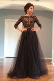 3/4 Long Sleeves Open Back Black Lace Prom Dress Evening Gowns