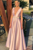 Fashion A Line Deep V Neck Pink Beaded Open Back Prom Dresses Evening Formal Dress