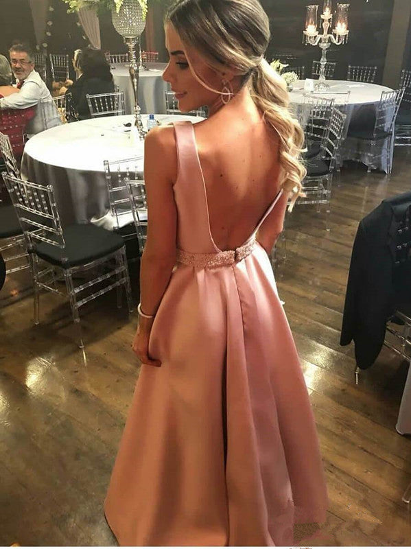 Fashion A Line Deep V Neck Pink Beaded Open Back Prom Dresses Evening Formal Dress