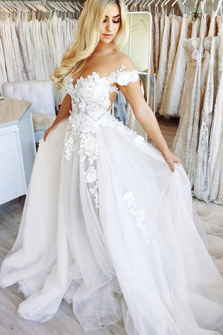 Sexy Off the Shoulder Chapel Train Lace Appliques Backless Wedding Dresses Bridal Dress