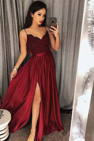 Chic Spaghetti Straps Burgundy Lace Appliques Split Prom Dresses Evening Formal Dress