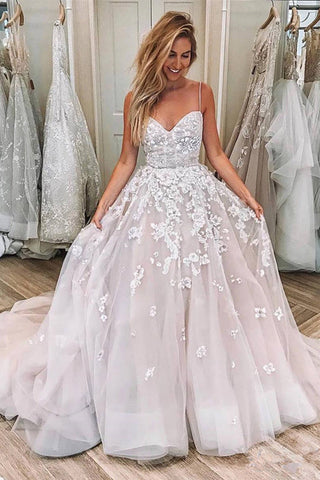 Princess Spaghetti Straps Lace Appliques Fluffy Wedding Dresses Bridal Dress Gowns