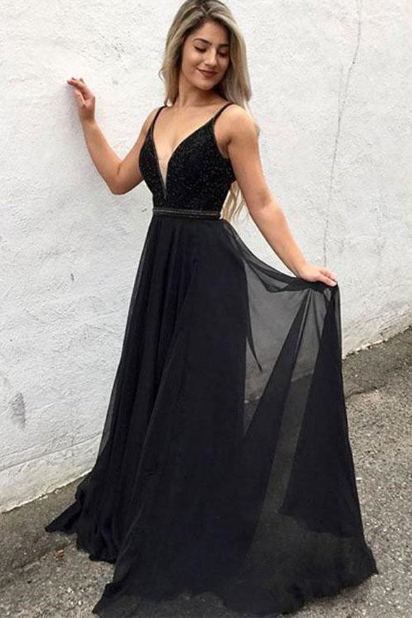 Black Chiffon V Neck Spaghetti Straps Long Sequin Prom Dresses Evening Formal Dress