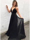 Black Chiffon V Neck Spaghetti Straps Long Sequin Prom Dresses Evening Formal Dress
