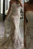 Strapless Ivory Lace Mermaid Chapel Train Prom Dresses Evening Formal Dress With Bead Belt