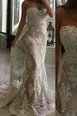 Strapless Ivory Lace Mermaid Chapel Train Prom Dresses Evening Formal Dress With Bead Belt