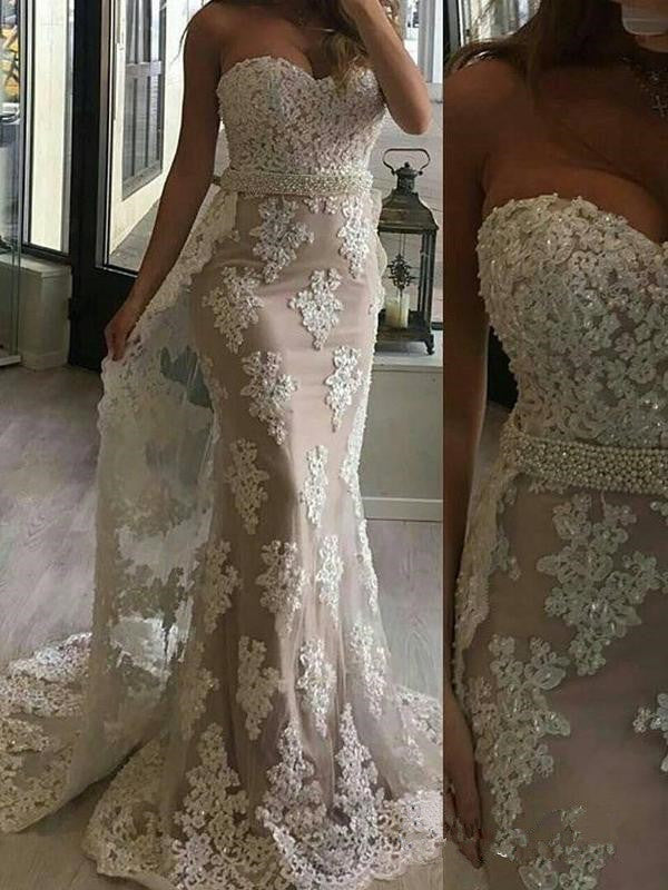 Strapless Ivory Lace Mermaid Chapel Train Prom Dresses Evening Formal Dress With Bead Belt