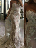Strapless Ivory Lace Mermaid Chapel Train Prom Dresses Evening Formal Dress With Bead Belt