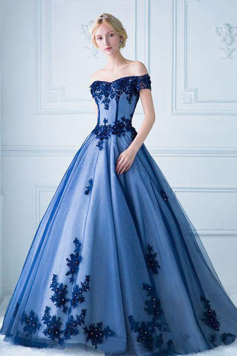 Off the Shoulder Short Sleeves Ball Gown Lace Blue Prom Dress Formal Quinceanera Dresses