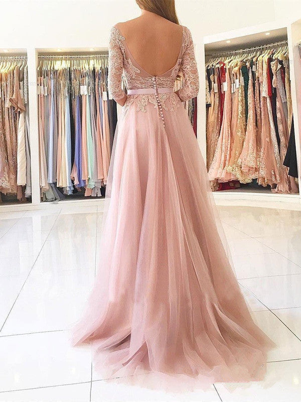 Blush Pink Open Back 3/4 Long Sleeves Lace Split Prom Dress Formal Dresses Gowns