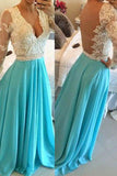 Long Sleeves Sexy V Neck Lace Blue Evening Party Dresses Prom Dress
