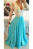 Long Sleeves Sexy V Neck Lace Blue Evening Party Dresses Prom Dress