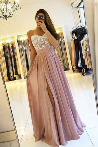 A Line Spaghetti Straps Chiffon Split Floor Length Prom Dresses Evening Formal Dress