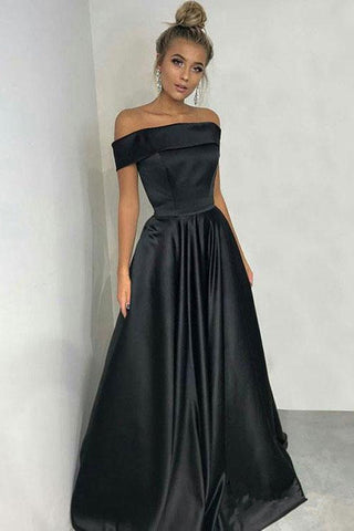 A line Off the Shoulder Black Satin Long Prom Dresses Formal Dress Gowns