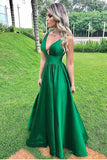 Open Back Green Satin V Neck Cheap Elegant Prom Dresses Formal Dress Gowns