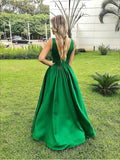 Open Back Green Satin V Neck Cheap Elegant Prom Dresses Formal Dress Gowns